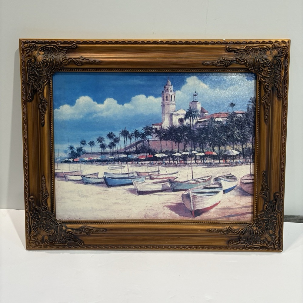 Framed Artwork "Boats on the Shore" Crystal Art Gallery 16.5X20.5" Vtg Wall Art